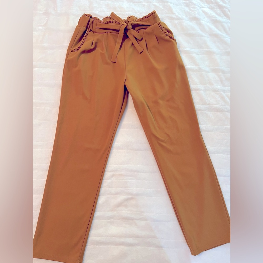 Mustard colored pants, elastic waist band